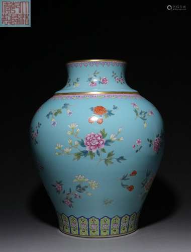 Hand-painted pastel flower pattern jar bottle with blue glaz...