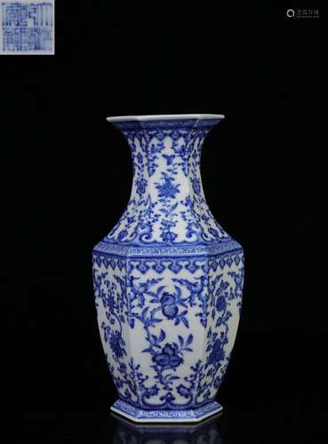 Hexagonal Vase with Blue and White Flower Patterns