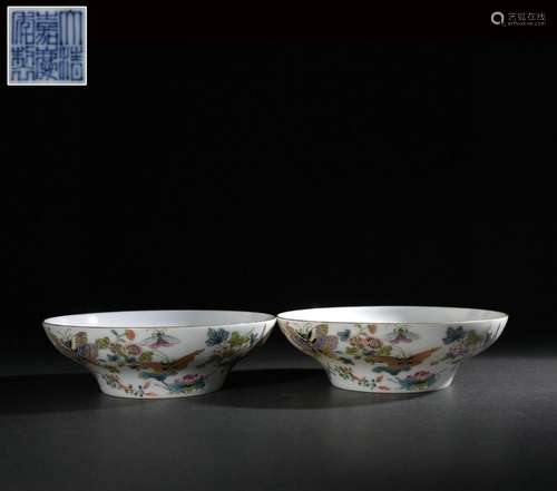 Pair of cups with pastel painted gold butterfly and flower p...