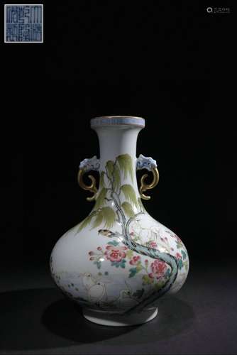 Pastel vase with auspicious animal ears, flowers and birds