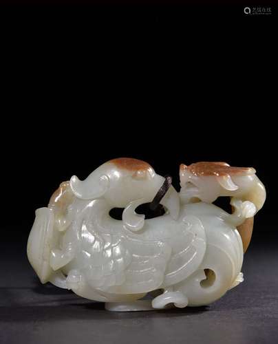 Hetian white jade hand-carved auspicious animal handle