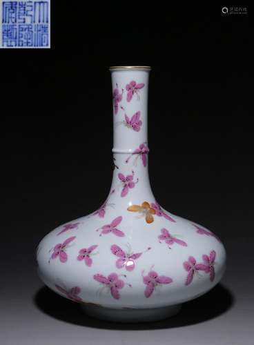 Flat bottle with gold-painted pastel butterfly pattern