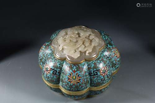 Cloisonné Enamel Lid Box with Wrapped Branches and Lotus Pat...