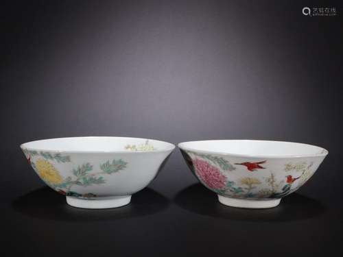 Pair of pastel pastel bamboo and plum bowls