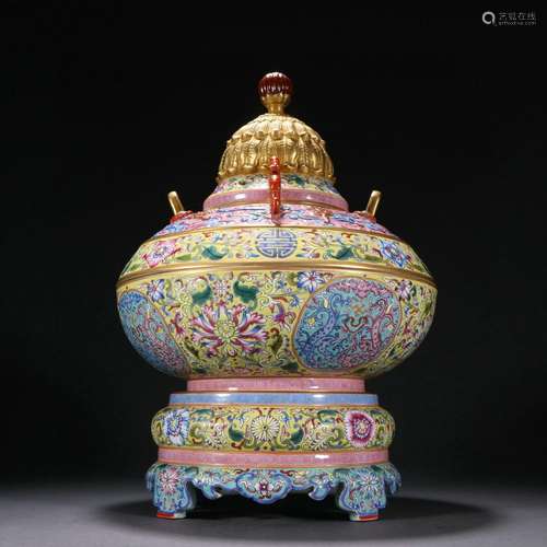 Enamel Painted Golden Fushou Dragon Pattern Incense Burner