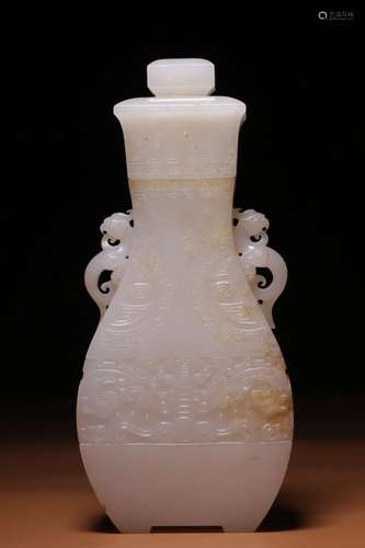 Hetian white jade vase with animal face pattern