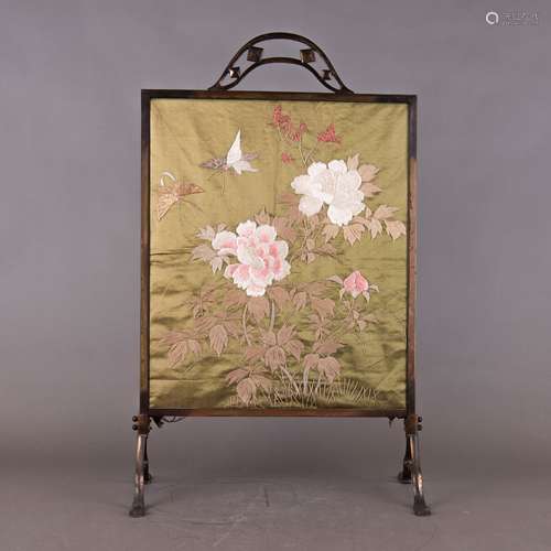 A CHINESE EMBROIDERED PEONY AND BUTTERFLY