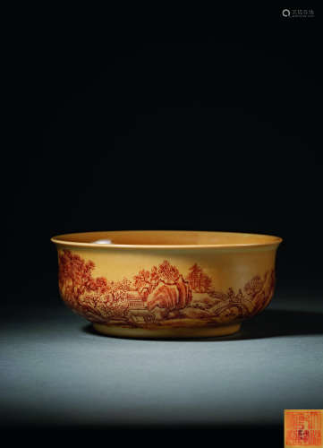 清乾隆 米黄釉矾红山水纹扎古扎雅碗