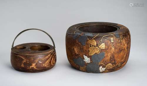 A LOT WITH TWO LACQUERED AND INLAID WOOD HIBACHI (BRAZIER), ...