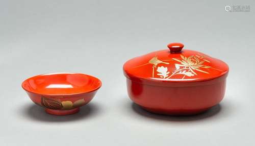 A RED LACQUER NIMONO WAN (BOWL WITH COVER) AND A SMALL KOBAC...