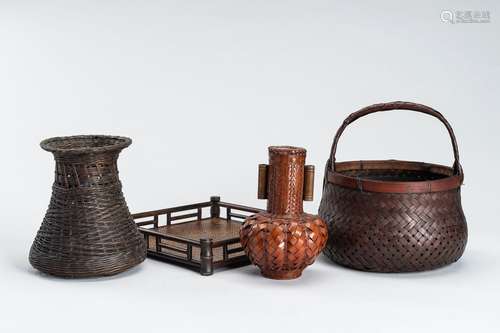 A LOT WITH THREE WOVEN IKEBANA BASKETS AND ONE STAND, MEIJI