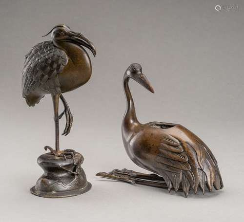 A LOT WITH \'CRANE AND HERON" BRONZE CENSERS, MEIJI