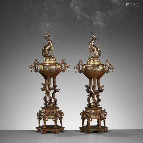 † A PAIR OF SUPERB GOLD-INLAID BRONZE \'MYTHICAL BEASTS\' KO...