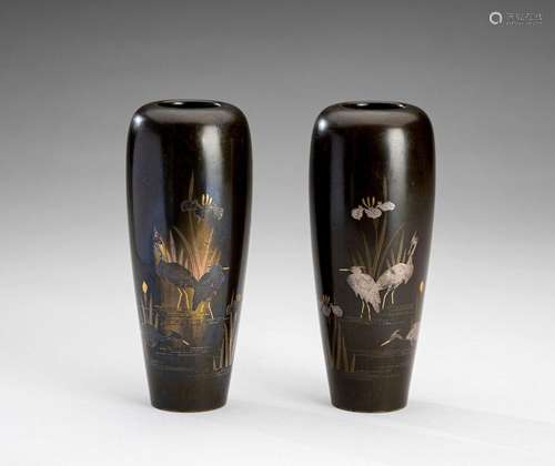 A PAIR OF INLAID BRONZE VASES WITH EGRETS, MEIJI