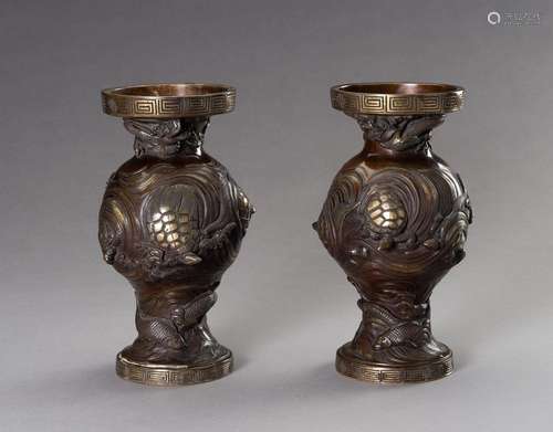 A PAIR OF PARCEL GILT BRONZE VASES DEPICTING MINOGAME