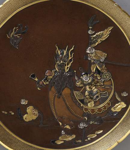 † INOUE: A SUPERB INLAID BRONZE DISH DEPICTING BOYS ON A DRA...