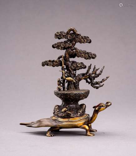 A PARCEL-GILT BRONZE OKIMONO OF A MINOGAME, MEIJI