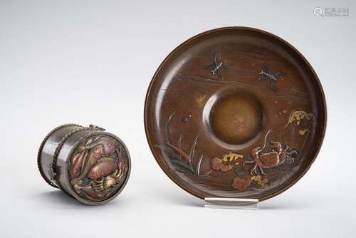 A FINE BRONZE DISH AND A MIXED METAL INKWELL WITH UNDERWATER...