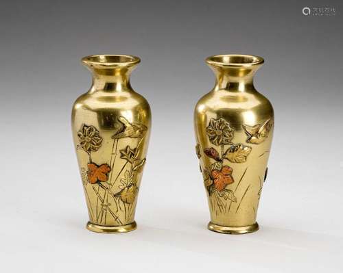 A PAIR OF GOLDEN BRONZE VASES WITH CHRYSANTHEMUMS, MEIJI