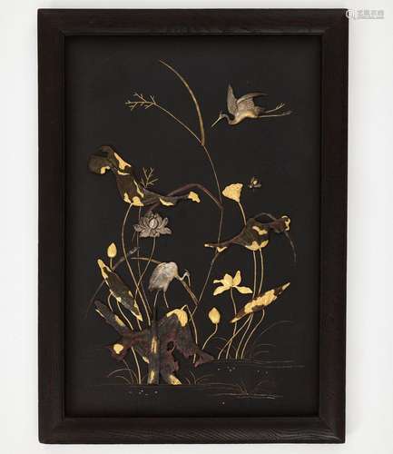 † A FINE INLAID IRON PANEL DEPICTING EGRETS AND LOTUS