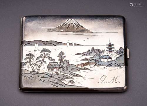 A SILVER CIGARETTE CASE DEPICTING MOUNT FUJI