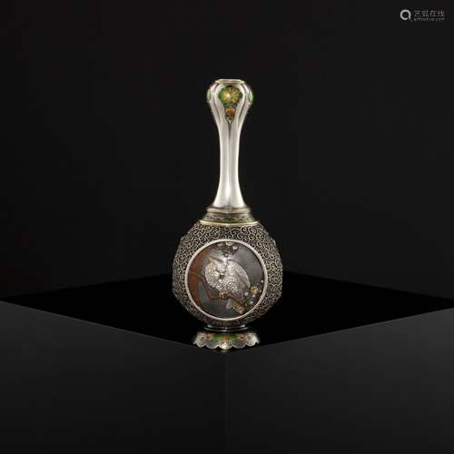 † A SUPERB SILVER FILIGREE AND CLOISONNÉ ENAMEL VASE DEPICTI...