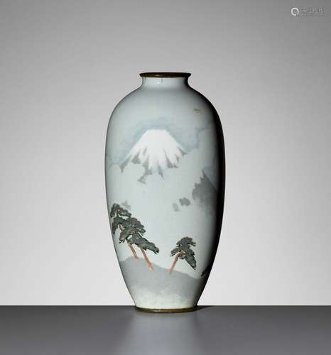 A CLOISONNÉ ENAMEL VASE DEPICTING MOUNT FUIJI IN THE STYLE O...