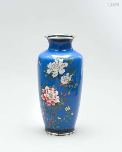 A BLUE CLOISONNÉ ENAMEL VASE WITH PEONIES