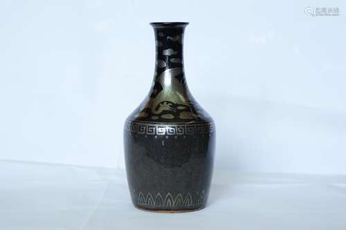 † HOZEN: A BLACK GLAZED AND SILVER ENAMELED PORCELAIN VASE