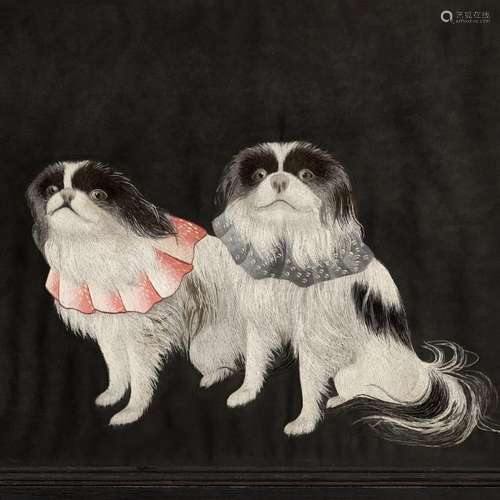 † A SILK EMBROIDERED PANEL DEPICTING A PAIR OF JAPANESE CHIN...