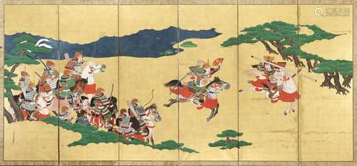 HOGEN KIJOKUNI: A SIX-PANEL BYOBU SCREEN DEPICTING A SCENE F...