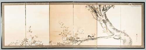 A SIX-PANEL FOLDING SCREEN WITH PRUNUS TREE