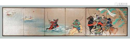 A SIX-PANEL FOLDING SCREEN WITH WARRIORS AND SAMURAI, MEIJI ...