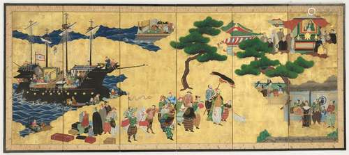 A SIX-PANEL BYOBU SCREEN DEPICTING THE ARRIVAL OF A PORTUGUE...