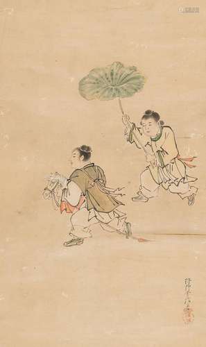 A SCROLL PAINTING OF PLAYING CHILDREN, ATTRIBUTED TO TSUNENO...