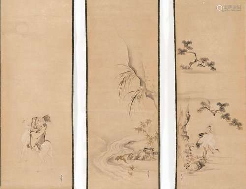 KANO CHIKANOBU: THREE SCROLL PAINTINGS DEPICTING JUROJIN AND...