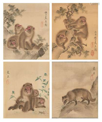 KAMATA GANSEN: A RARE SET OF FOUR FINE JAPANESE SILK PAINTIN...