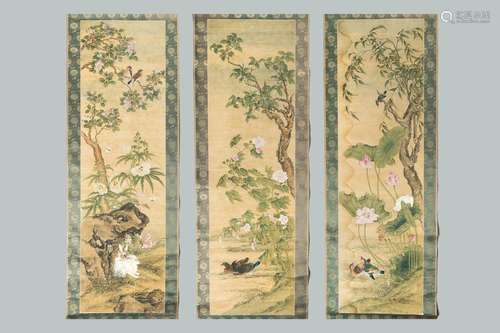 A GROUP OF THREE SCROLL PAINTINGS WITH DUCKS, BIRDS, AND RAB...