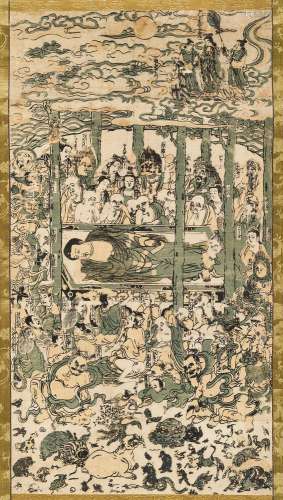 A COLOR WOODBLOCK PRINT OF PARINIRVANA, MOUNTED AS A HANGING...