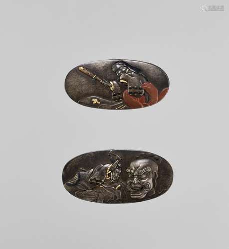 A PAIR OF FINE KANAMONO (POUCH FITTINGS) DEPICTING OKAME AND...