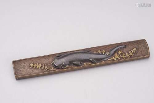 A FINE COPPER, SHIBUICHI, AND GOLD KOZUKA WITH A NAMAZU, EDO