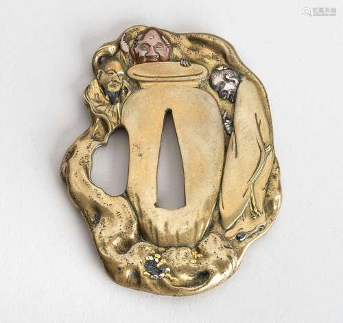 A GOLD, SILVER AND COPPER INLAID SENTOKU TSUBA DEPICTING IMM...