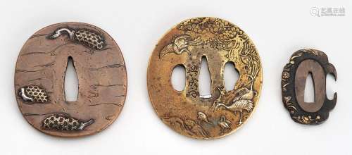 A LOT WITH THREE COPPER AND BRASS TSUBA, 19th CENTURY
