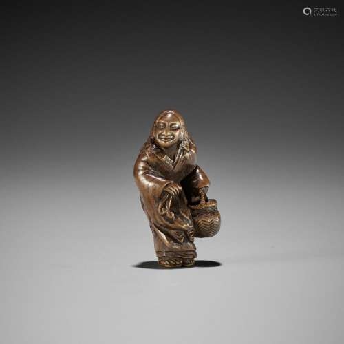 ENSAI: A VERY RARE WOOD NETSUKE OF TSURU SENNIN