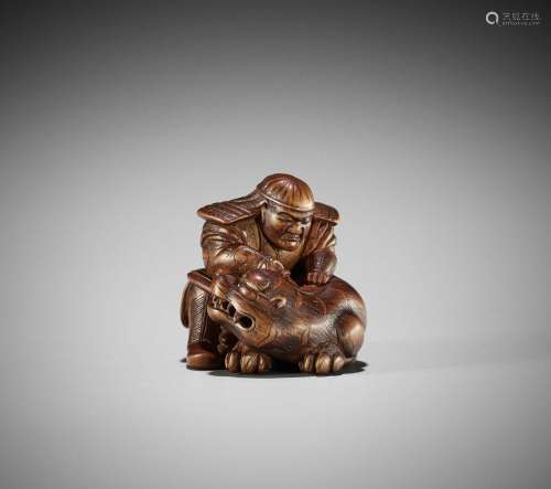 MASAKATA: A FINE AND RARE WOOD NETSUKE OF HADESU SLAYING THE...