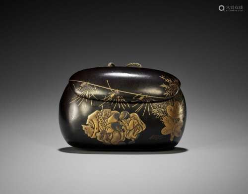 A RARE BLACK AND GOLD LACQUER TONKOTSU DEPICTING A NEW YEAR\...