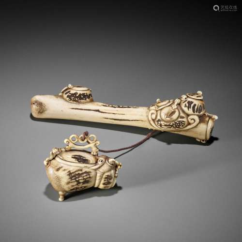 † A LARGE AND RARE STAG ANTLER YATATE (PORTABLE WRITING SET)...