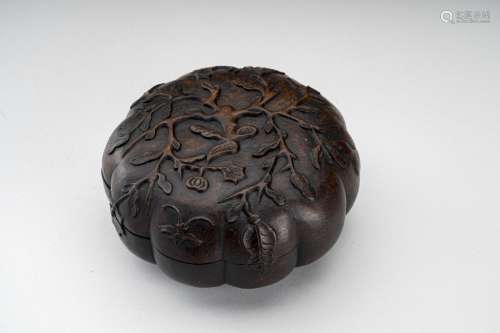 A MELON-SHAPED CARVED WOODEN BOX, QING