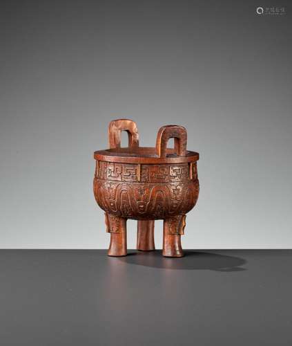 A BAMBOO \'ARCHAISTIC\' MINIATURE TRIPOD CENSER, QING DYNAST...