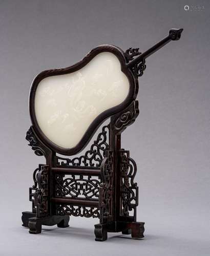 A FAN SHAPED WHITE JADE AND WOOD TABLE SCREEN